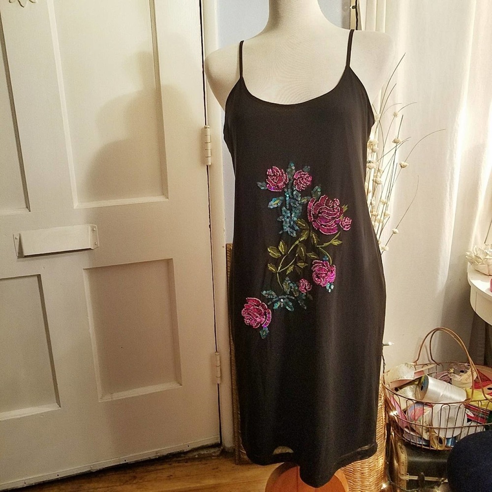 Vintage Black Slip Dress with Pink & Teal Floral Embroidery